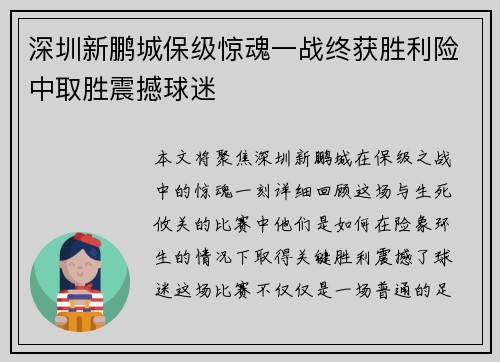 深圳新鹏城保级惊魂一战终获胜利险中取胜震撼球迷